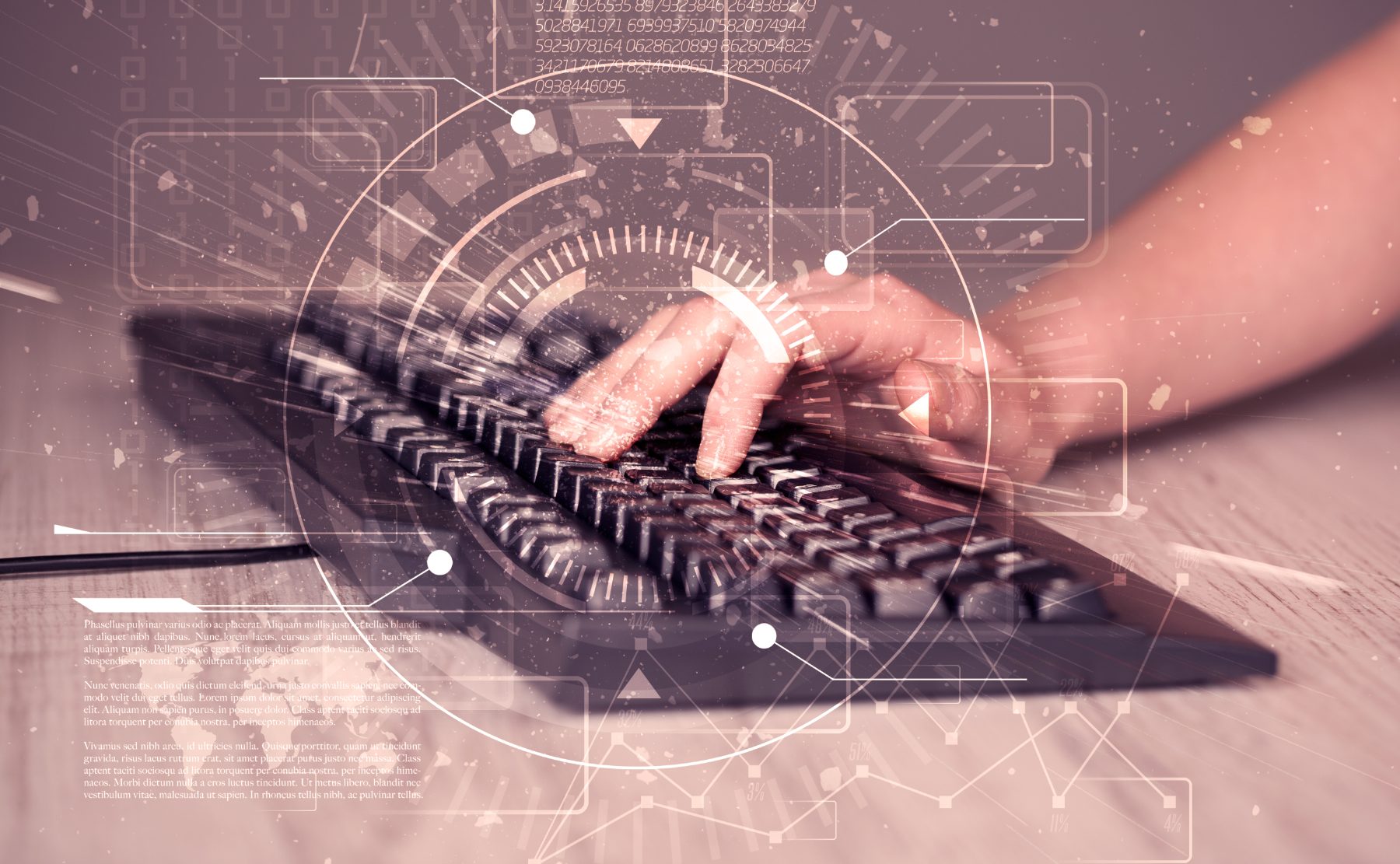 Mani che digitano sulla tastiera con elementi tecnologici
